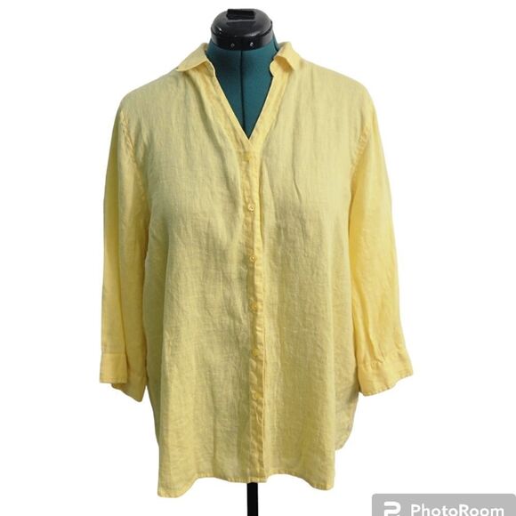 Investments 100% Linen V Neck Button Down Shirt 3/4 Sleeve Yellow Lagenlook XL - Picture 1 of 8
